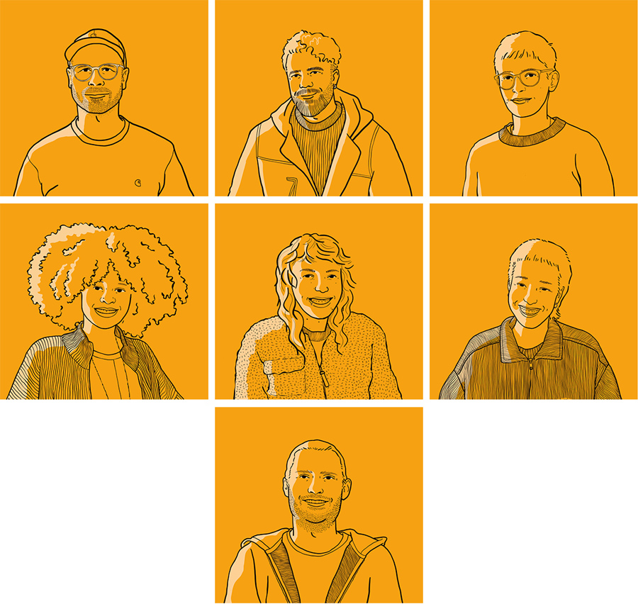das 8-köpfige Team in der Übersicht, illustrativer Stil