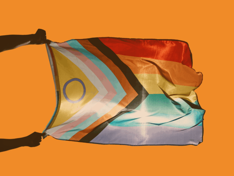 Pride Progressive Flag die in den Wind gehalten wird