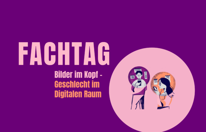 Logo Fachtag Bilderim Kopf daneben zwei Menschen, die auf ihr Handy schauen